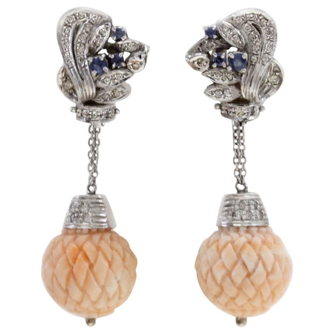 Diamonds, Blue Sapphires, Engraved Coral Spheres, White Gold Clip-on Earrin For Sale