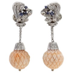 Diamonds,Blue Sapphires,Engraved Pink Coral Spheres,White Gold Clip-on Earrings