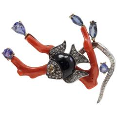 Luise Coral Onyx Sapphire Diamond Gold Brooch Pendant 1