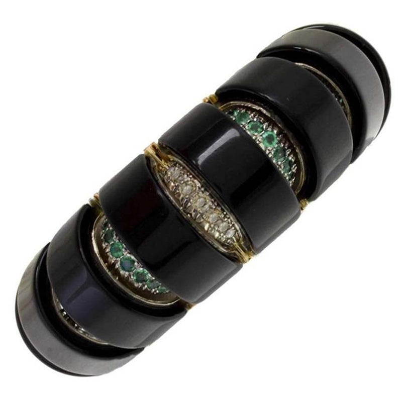 Armband aus Onyx, Smaragden, Diamanten, Roségold und Silber. im Angebot