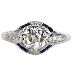 1920s Art Deco Platinum .87 Carat Old European Cut Diamond Engagement Ring