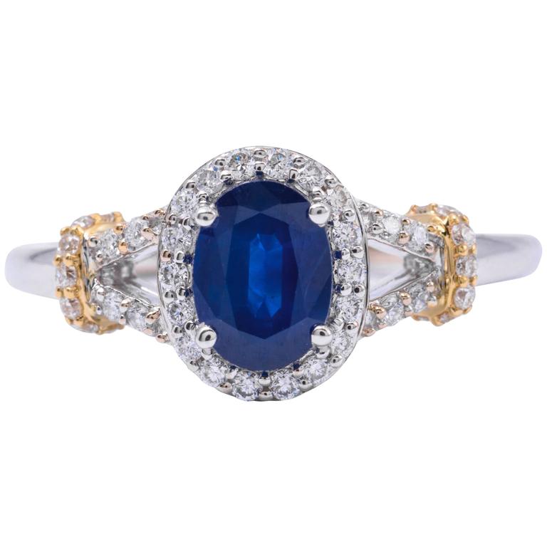 Oval Sapphire Diamond Two Color Gold Engagement Ring For Sale at 1stdibs