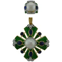D.Webb Maltese Cross Diamond Pearl Sapphire Enamel Pendant/Brooch and Ring Set 7