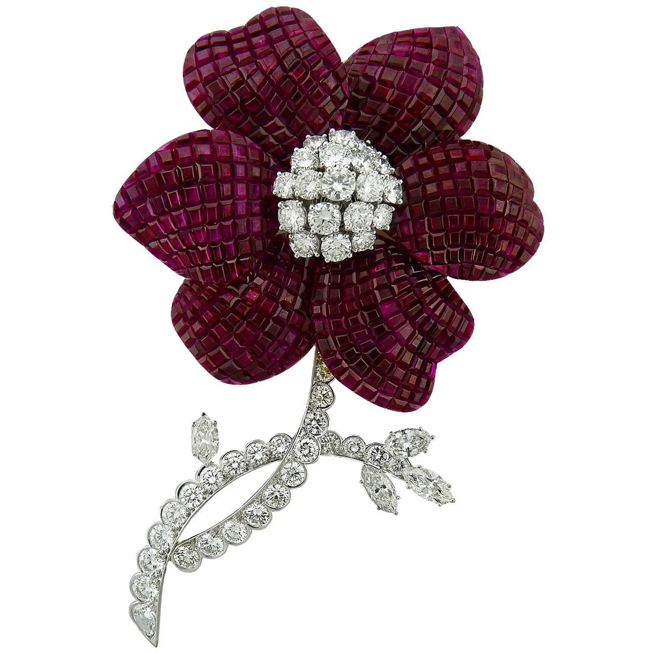 Aletto Brothers Invisibly Set Ruby and Diamond Platinum Flower Brooch