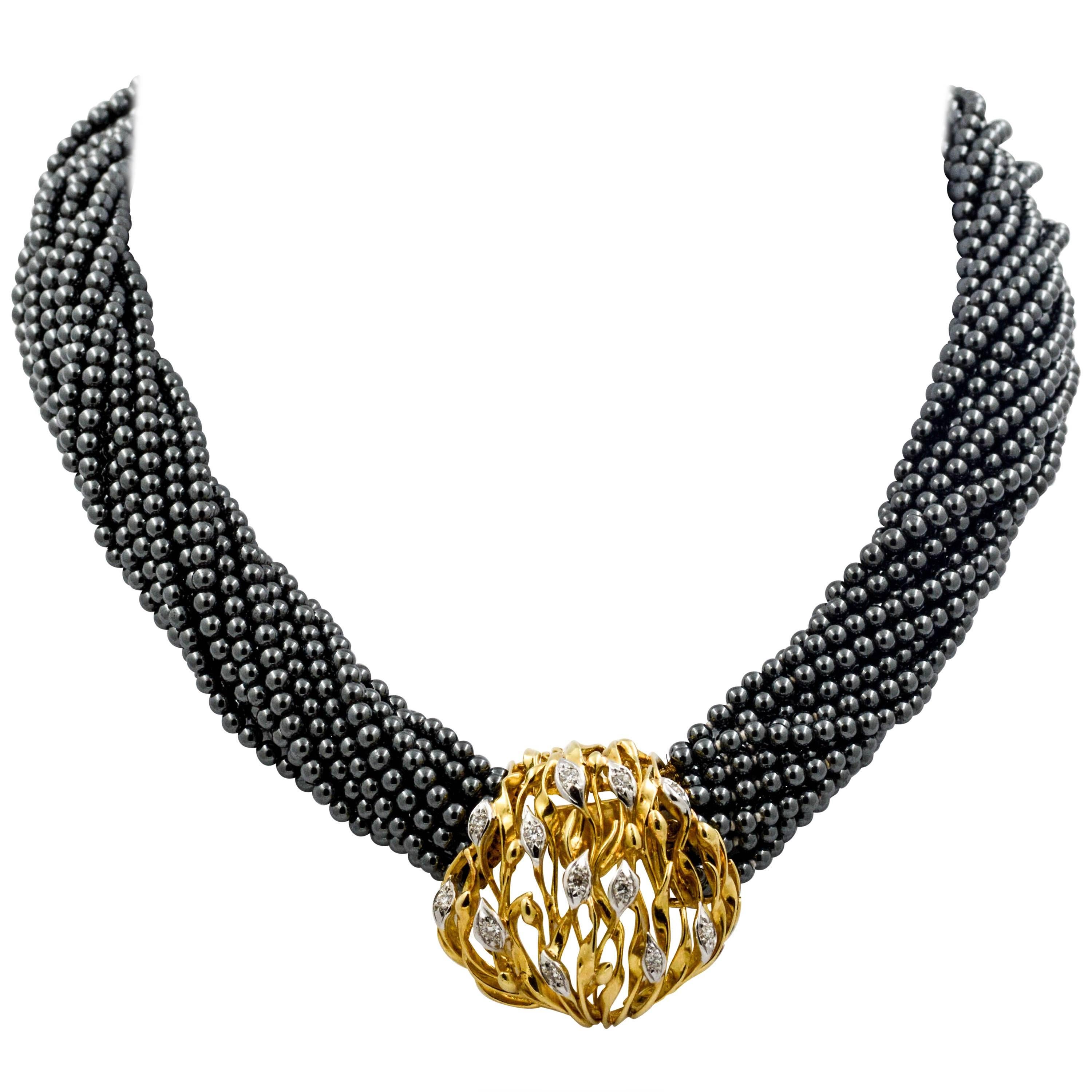Hematite Torsade Necklace with 0.75 ct Diamond Gold Clasp