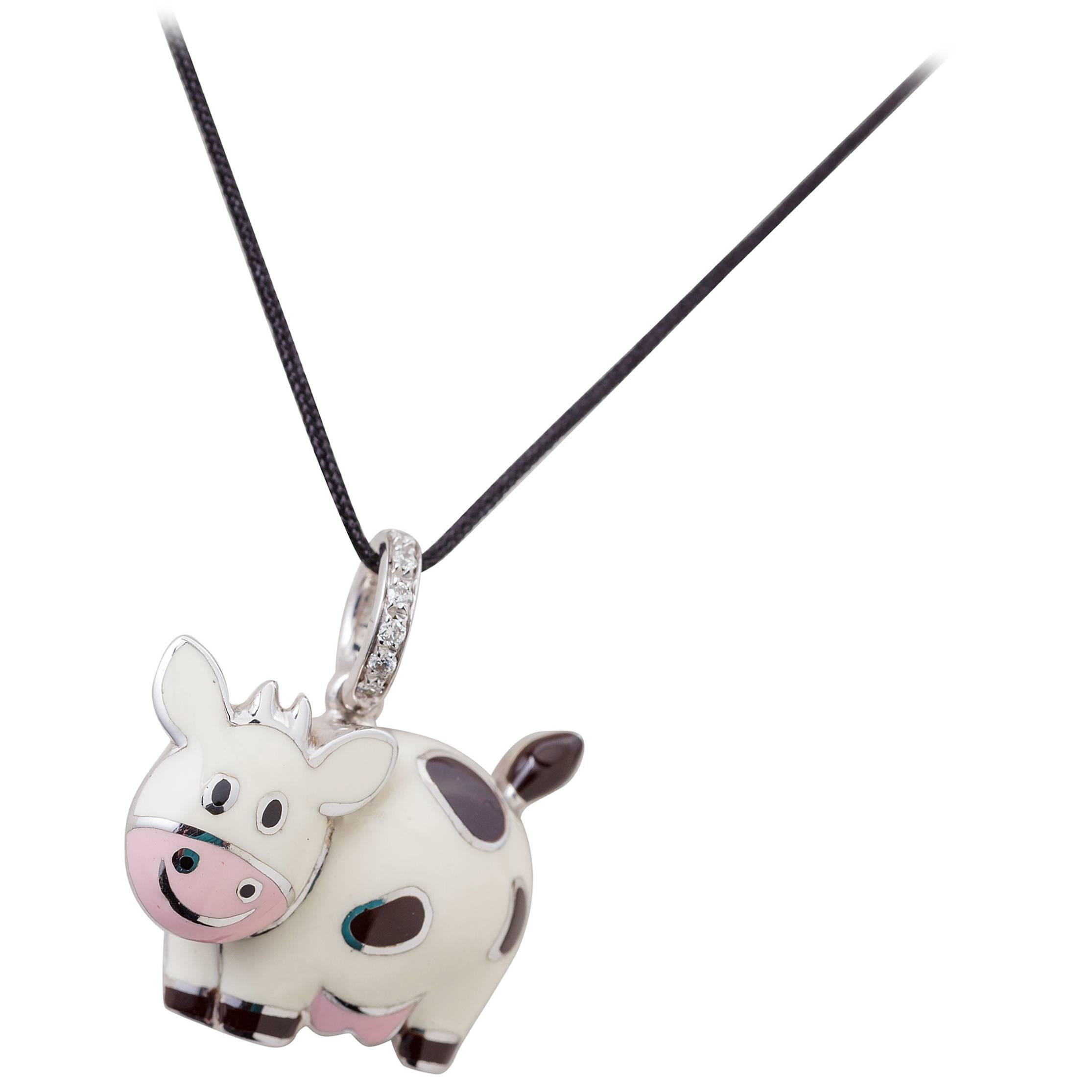 Aaron Basha White Cow with Brown Spots Charm 18 Karat White Gold with Enamel For Sale