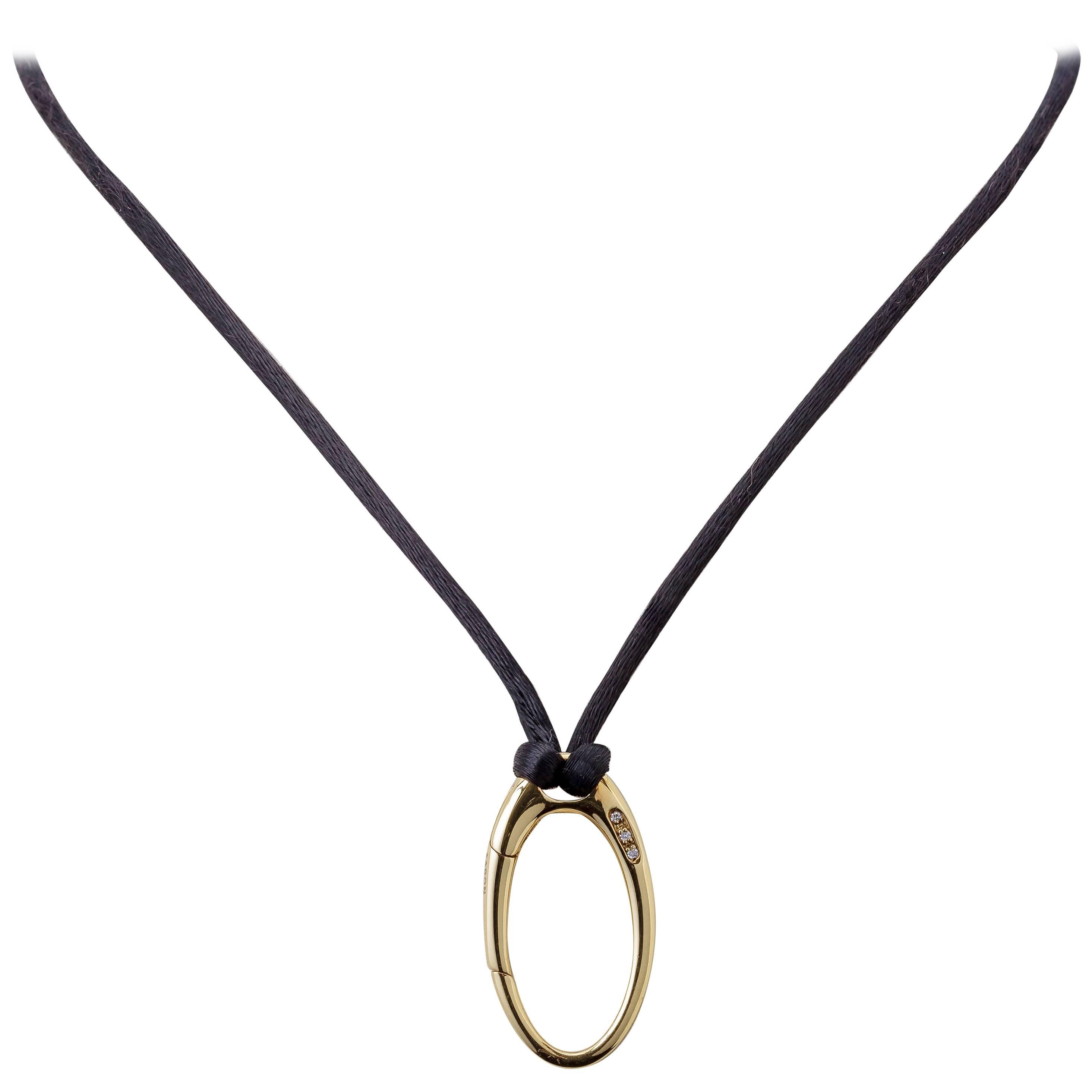 Aaron Basha Oval Pendant Clasp on Black Cord 18 Karat Gold Diamond 0.04 Carat For Sale