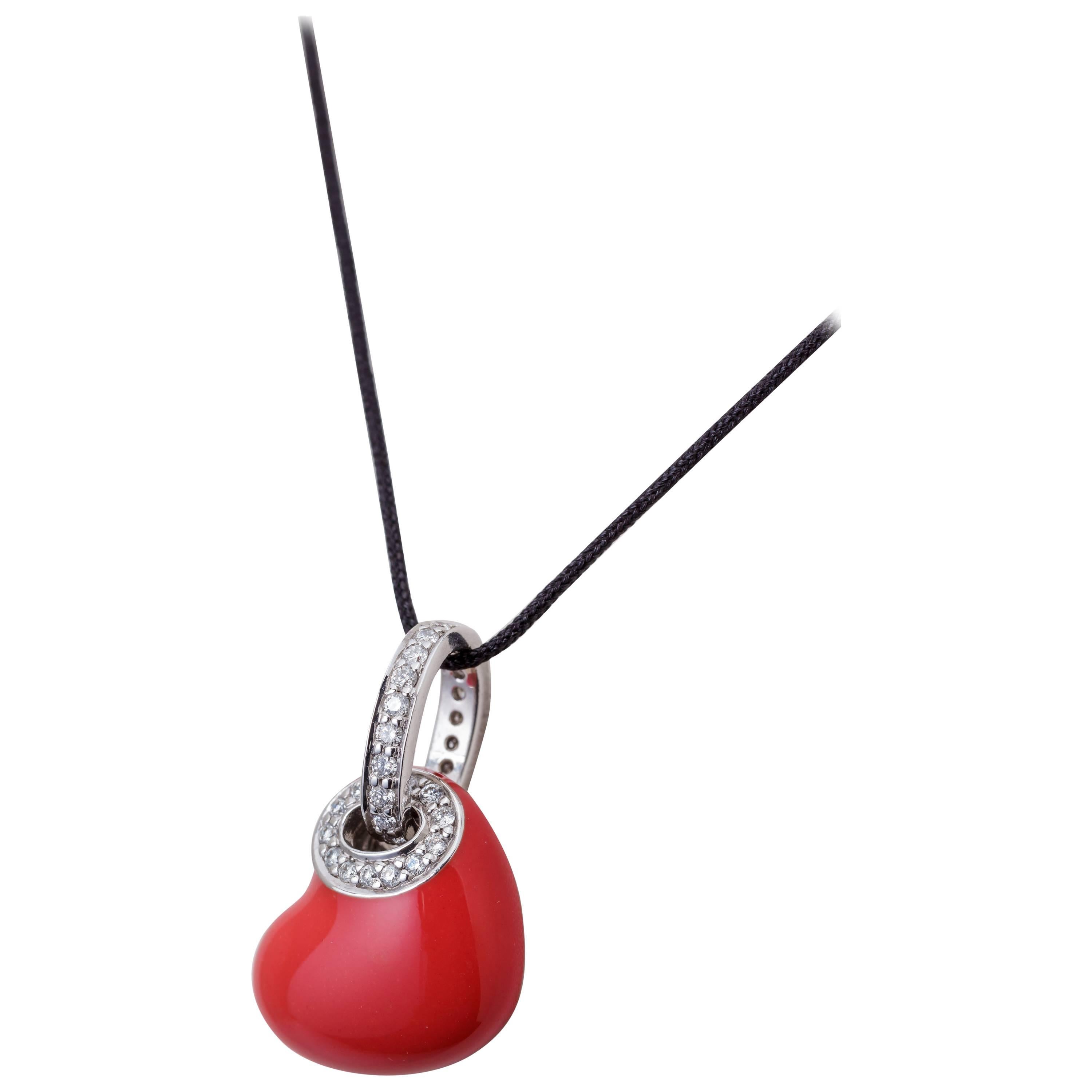 Aaron Basha Gold Enamel Diamond 0.24 Carat Red Heart Dangle Pendant  For Sale