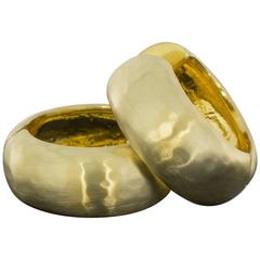 Yellow Gold Hammered and Satin Finish Wide Huggie Hoop Earrings