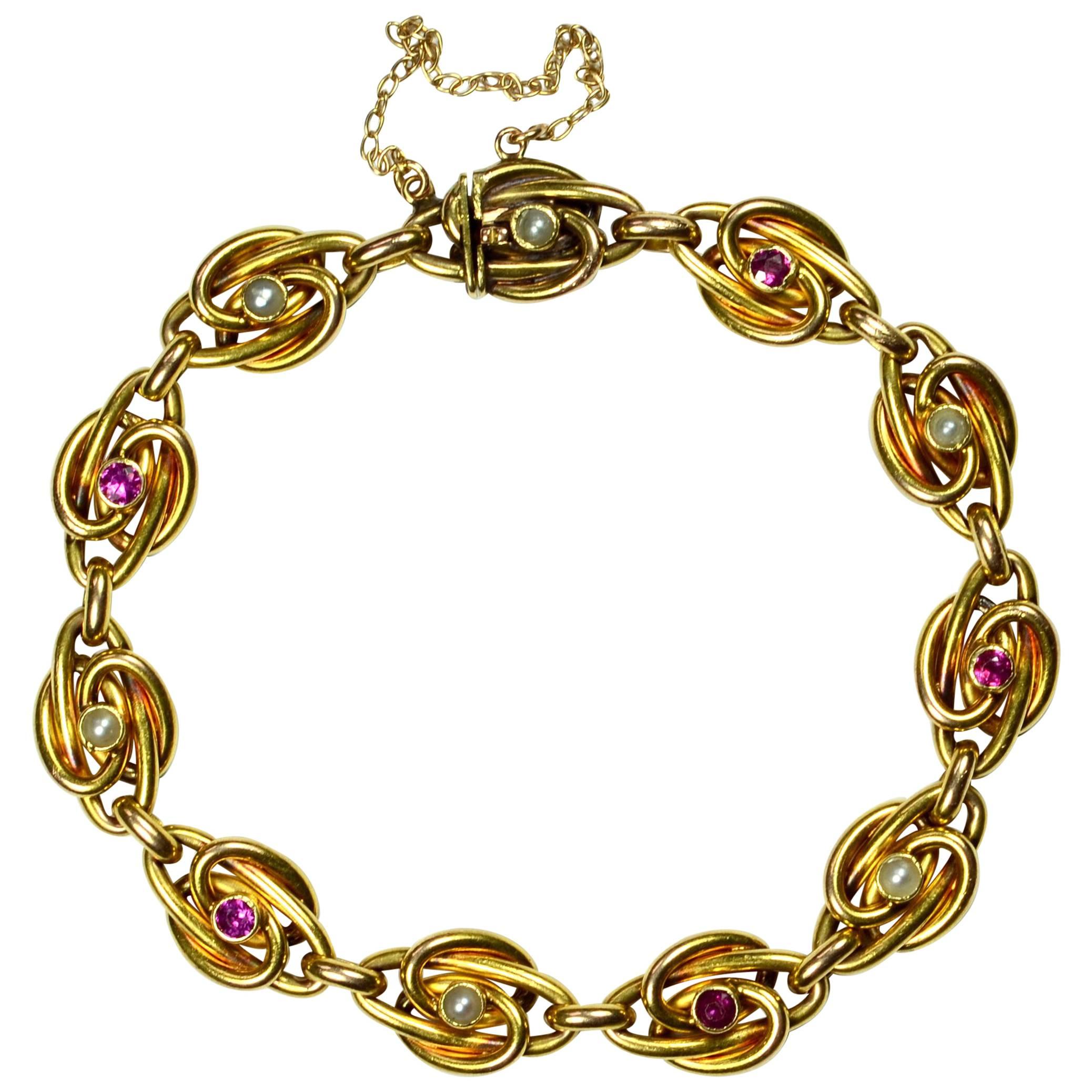 Pearl Ruby Gold Link Bracelet, circa 1900