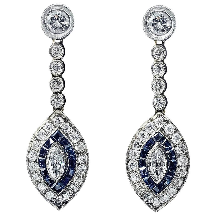 Platinum and Gold 1920 Blue Sapphire and Diamond Earrings in Original Box For Sale