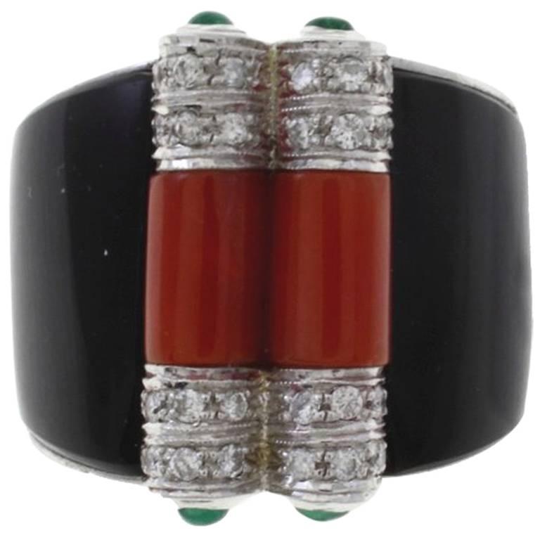 Luise Coral Onyx Emerald Diamond Gold Ring
