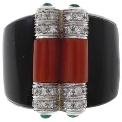 Luise Coral Onyx Emerald Diamond Gold Ring 3