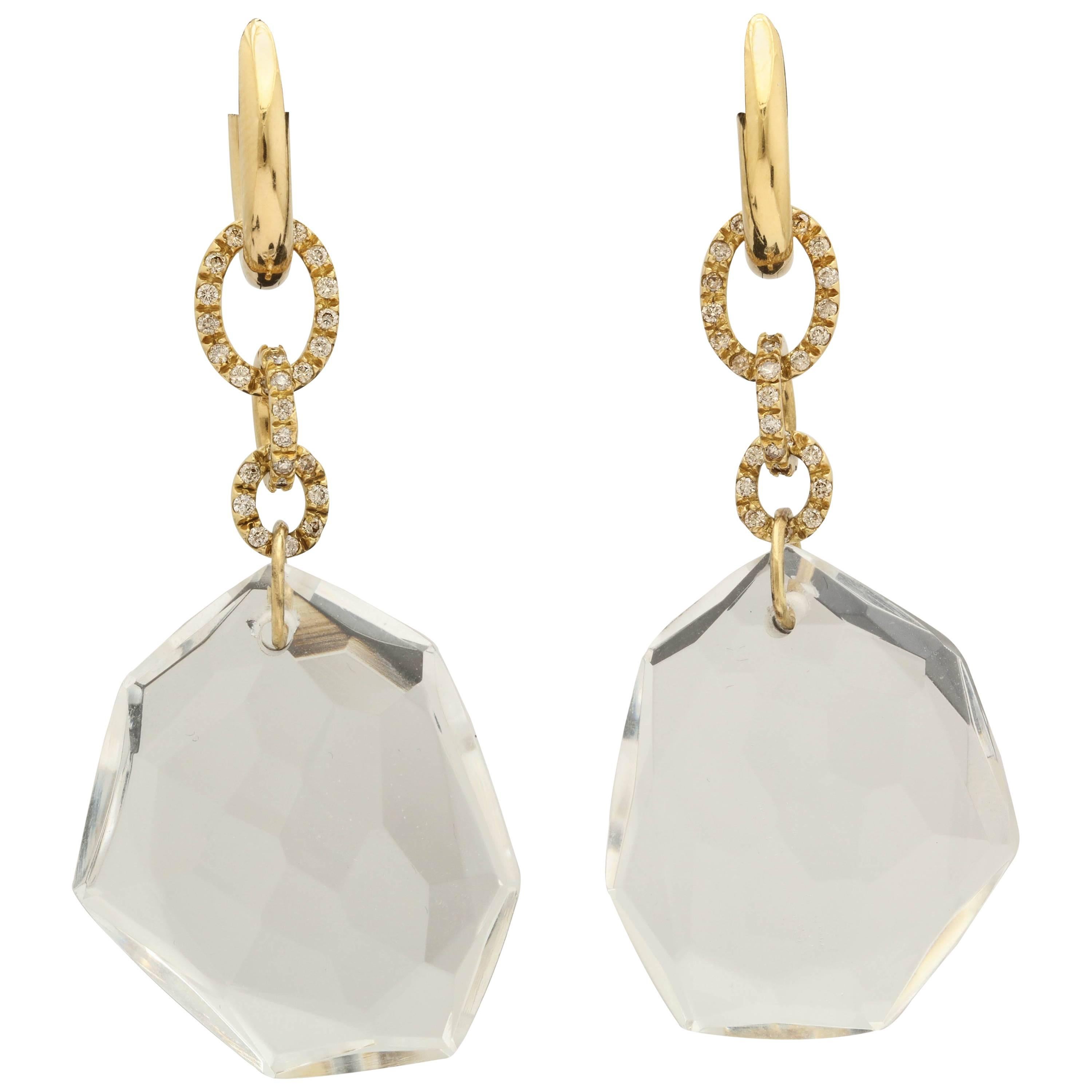 H. Stern 1990s Rock Crystal Diamonds Flexible Gold Link Earrings
