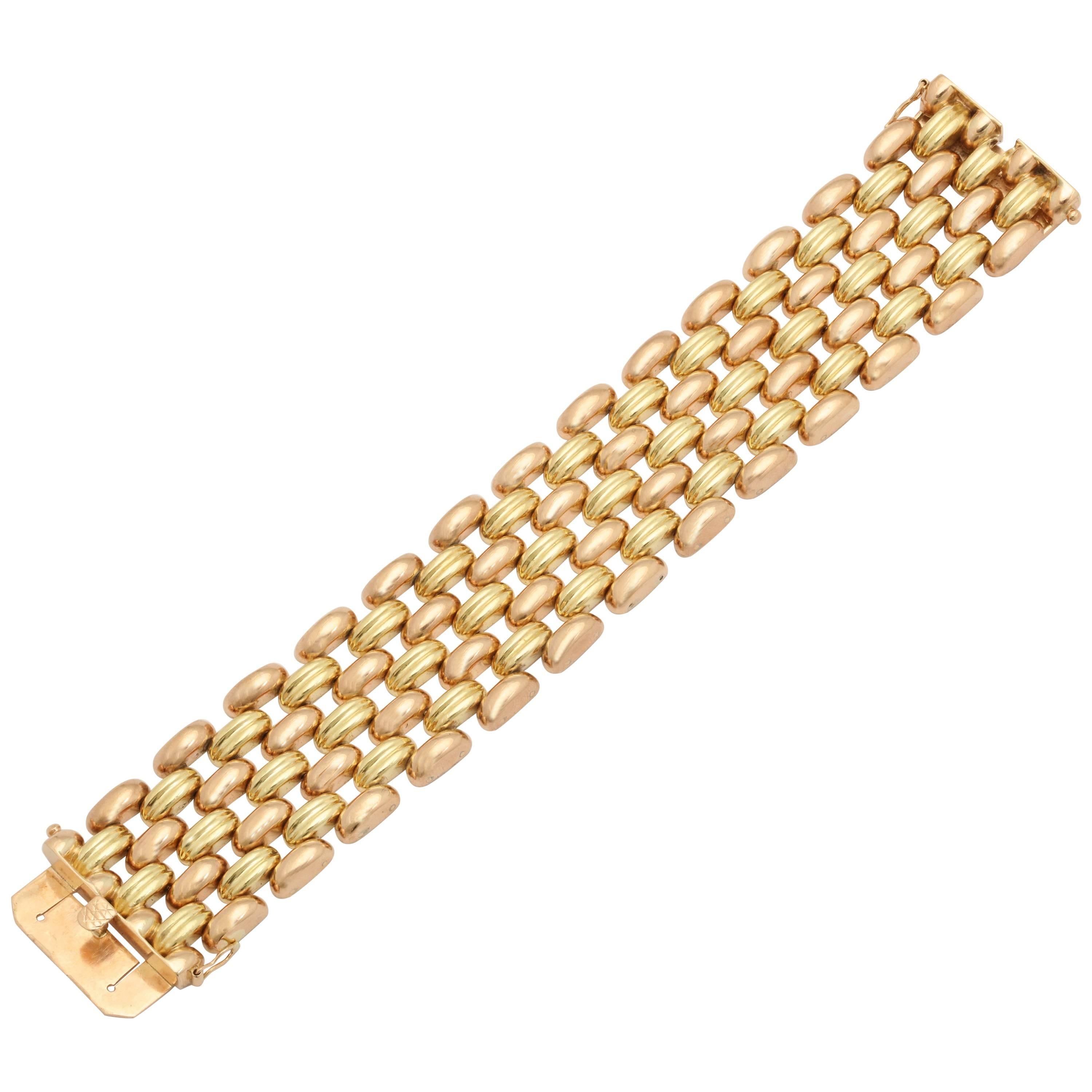 1950s Five-Row Two Color Pink and Yellow Gold Flexible Chic Link Bracelet