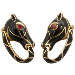 David Webb Black Steel Enamel and Ruby Figural Horse Gold Cufflinks