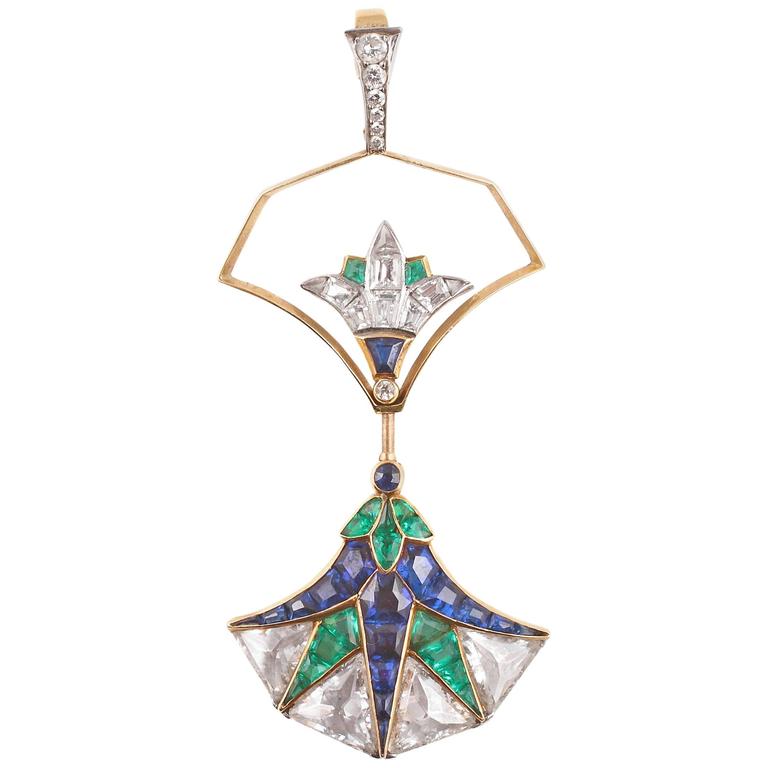 Art Deco Sapphire Emerald Diamond Gold Jabot Pendant For Sale at 1stDibs
