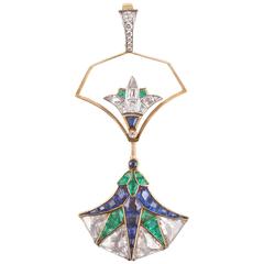 Art Deco Sapphire Emerald Diamond Gold Jabot Pendant 5