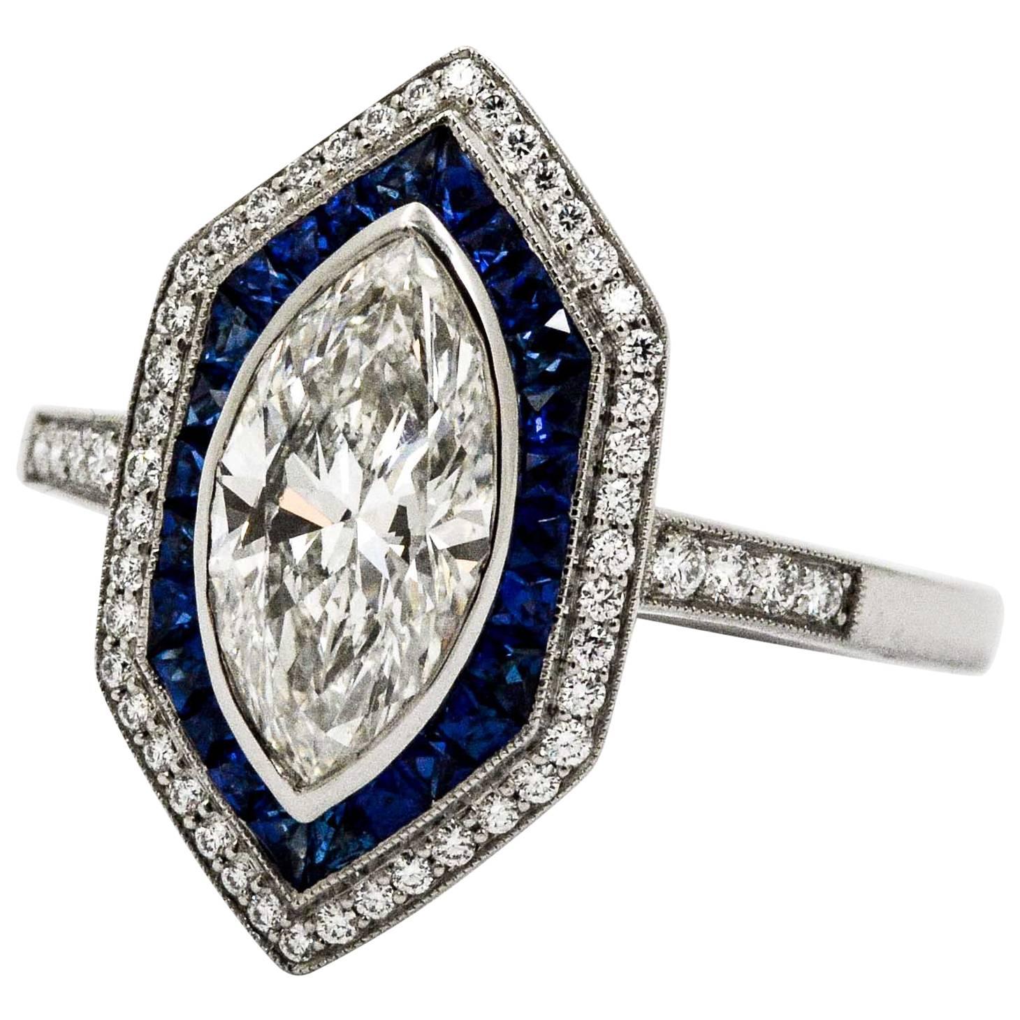 Modern Sapphire 1.22 carat Diamond Platinum  Engagement Art Deco Style Ring 