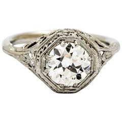  Art Deco 1.52 ct Diamond Engraved Platinum Engagement Ring