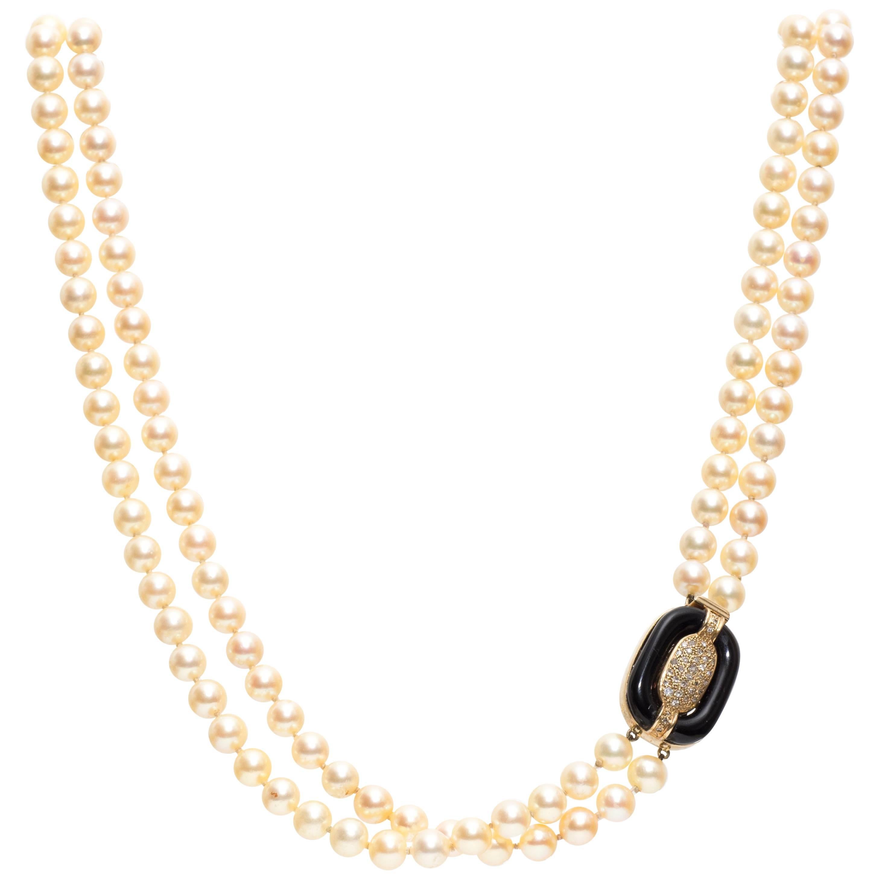 Extra Long Pearl Necklace, 18k Yellow Gold, Pearls & Diamonds, 1960s