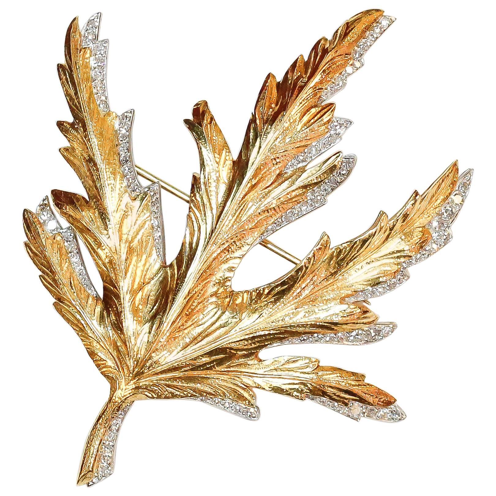 Verdura Diamond Yellow Gold Platinum Oak Leaf Brooch