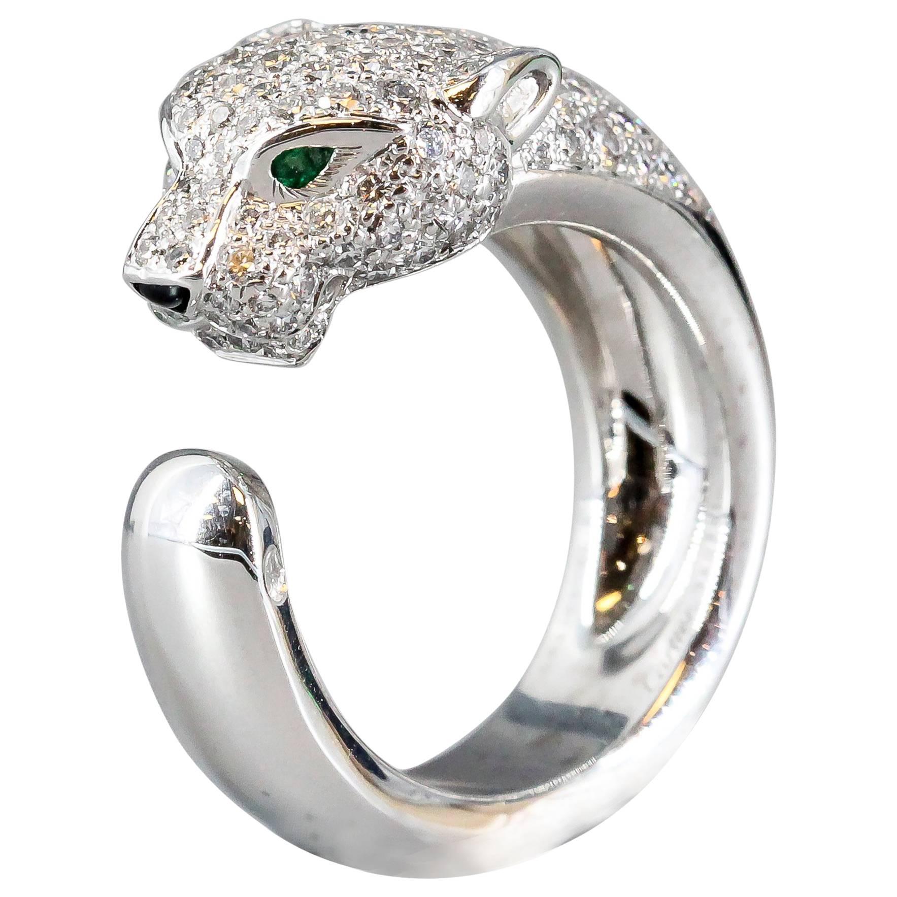 Cartier Panthere Diamond Emerald Onyx White Gold Band Ring