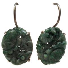 Arts and Crafts Carved Jade Sterling Silver Earrings