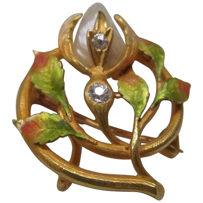 Art Nouveau Natural Pearl Enamel Diamond Gold Pin Pendant at 1stDibs