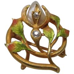 Art Nouveau Natural Pearl Enamel Diamond Gold Pin Pendant