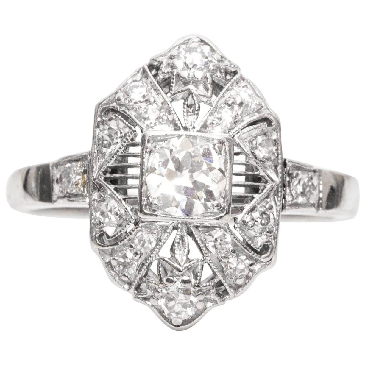 1920s Art Deco .45 Carat Old European Diamond Platinum Shield Ring For Sale