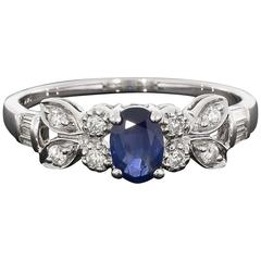Oval Blue Sapphire Diamond White Gold Butterfly Design Engagement Ring