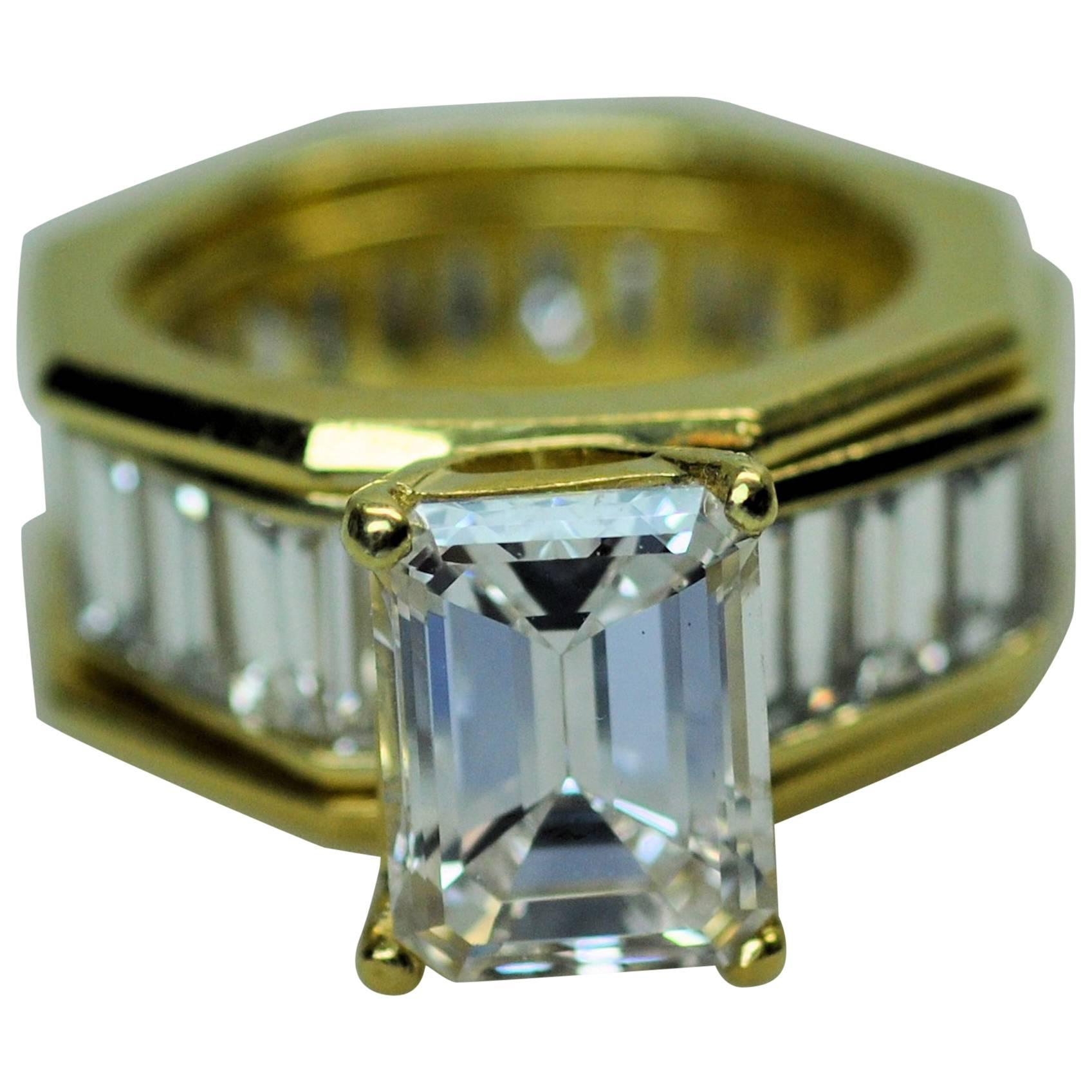 GIA Emerald Cut 4.09 Carat Diamond Baguette Diamond Wedding Band Insert Ring For Sale