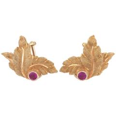 1980s Buccellati Ruby Gold Leaf Earrings 12