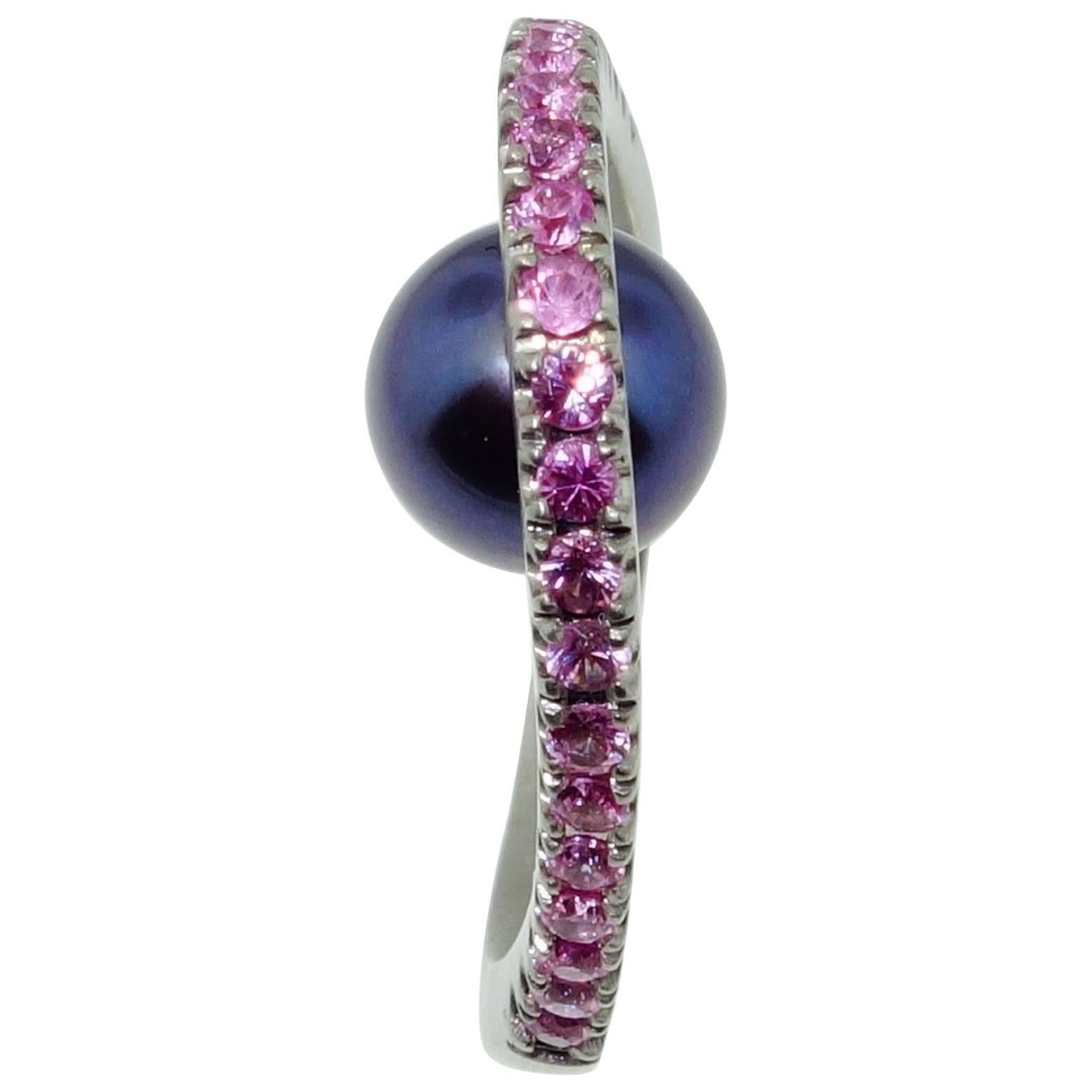 Beautiful Black Peacock Pearl and Pink Sapphire Ring For Sale
