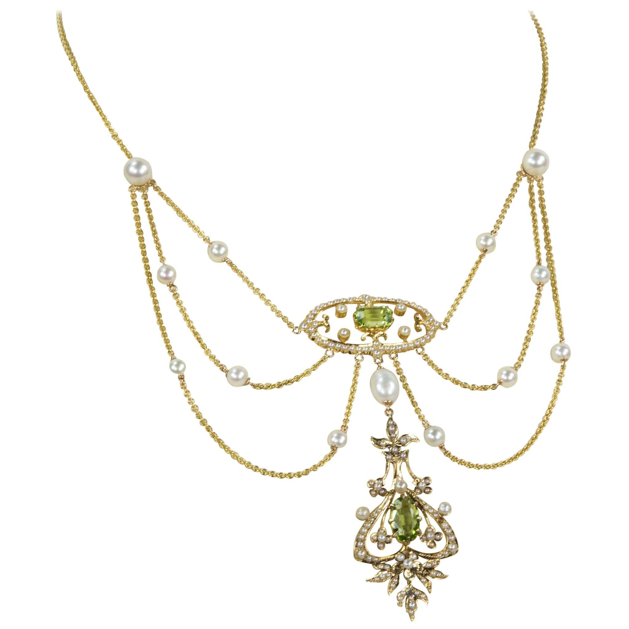 Antique Edwardian Peridot and Pearl Gold Swag Necklace Estate Fine Jewelry