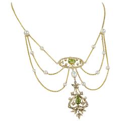 Antique Edwardian Peridot Pearl Gold Swag Necklace