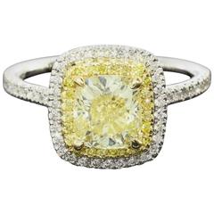 Custom Fancy Yellow Cushion Diamond yellow gold Double Halo Engagement Ring 4