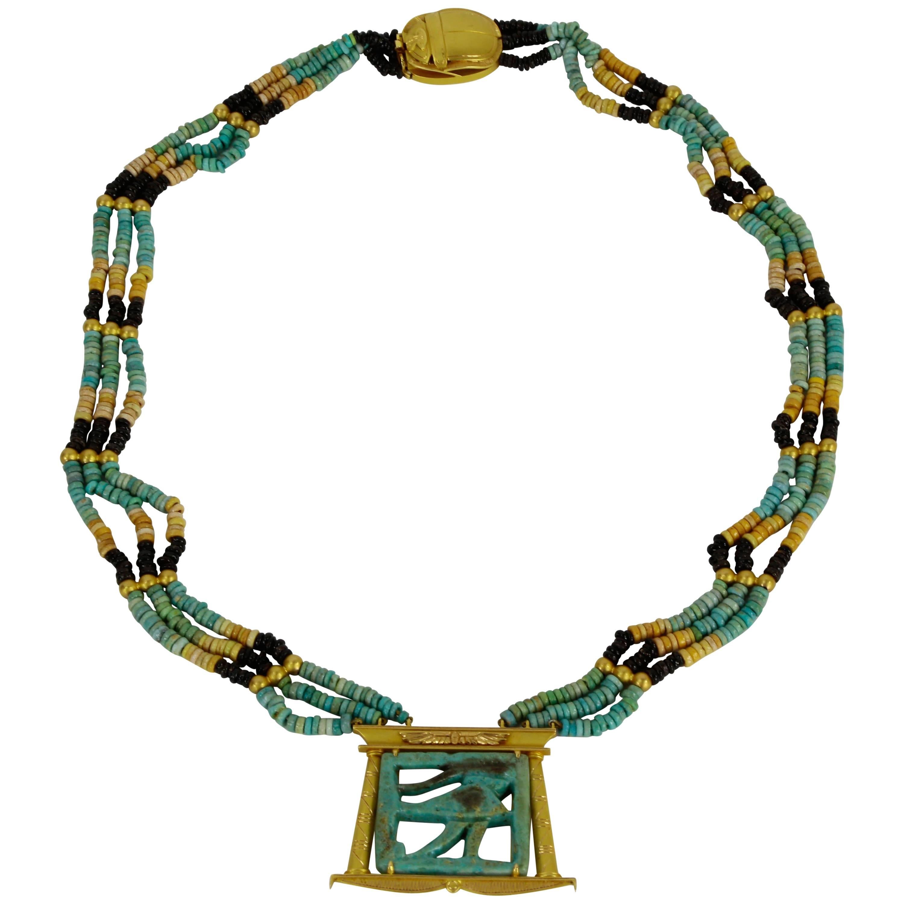 Egyptian Revival Eye of the Horus Runway Gold Pendant Necklace
