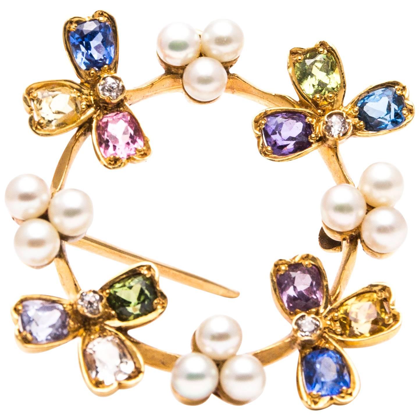 Tiffany & Co. Rare Multicolor Pearl Sapphire Diamond Yellow Gold Pendant