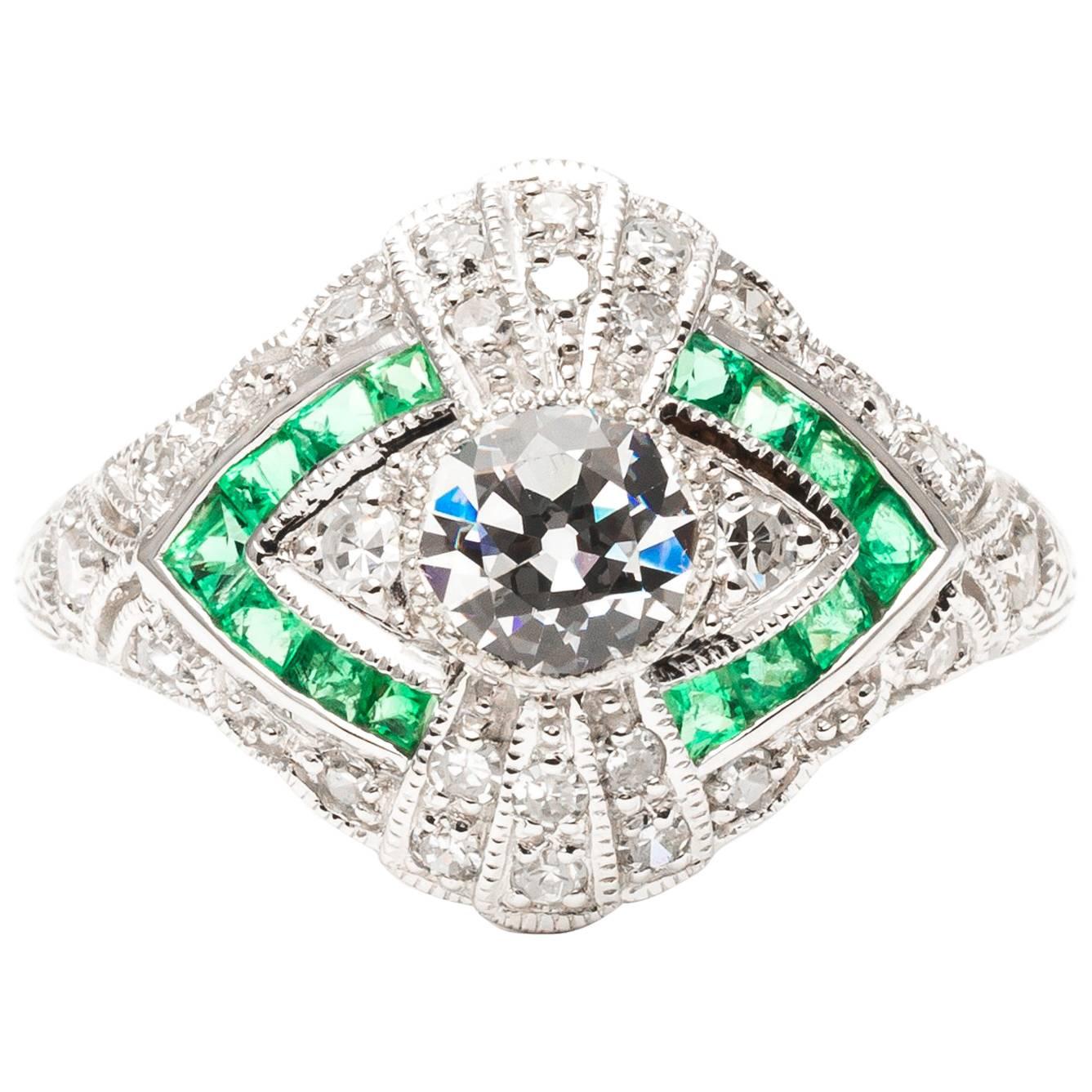 Vibrant French Cut Emerald Diamond White Gold Ring  For Sale