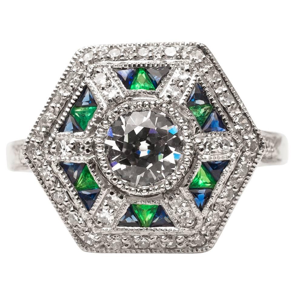  Sapphire Emerald Diamond Platinum Engagement Ring  For Sale
