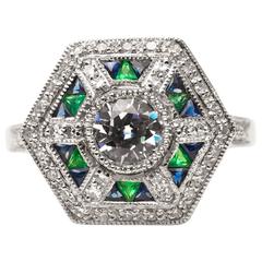  Sapphire Emerald Diamond Platinum Engagement Ring 