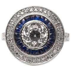 Striking Double Halo Diamond and Sapphire Target Ring in Platinum