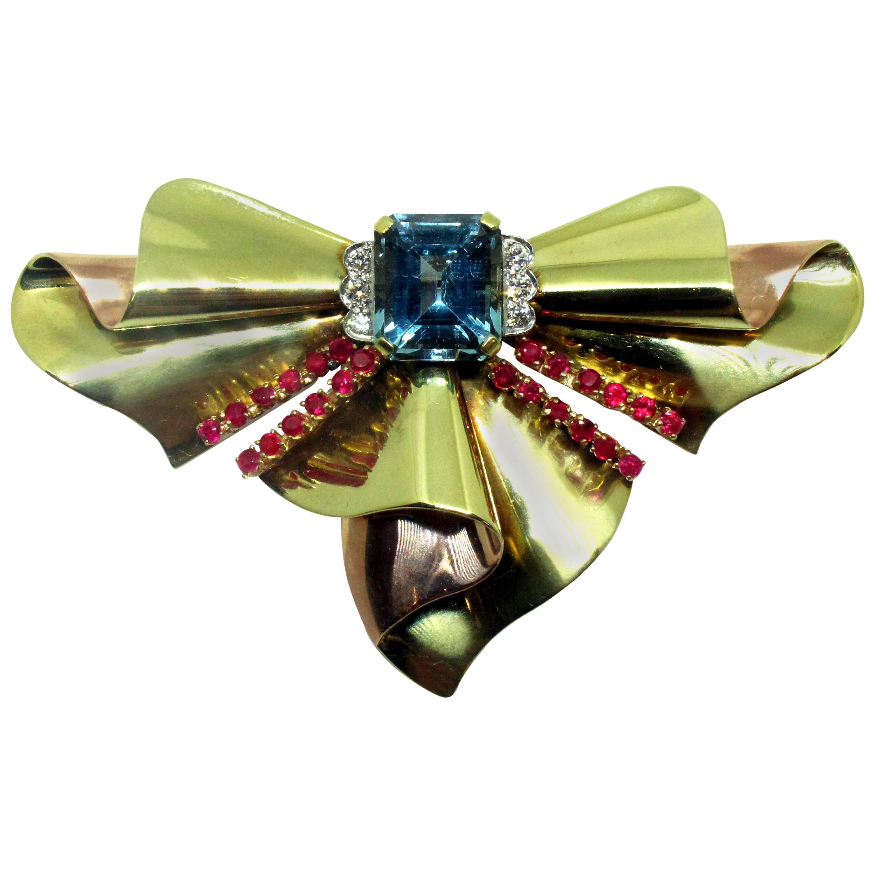 Tiffany & Co. Retro Aquamarine Ruby Diamond Gold Bow Brooch For Sale