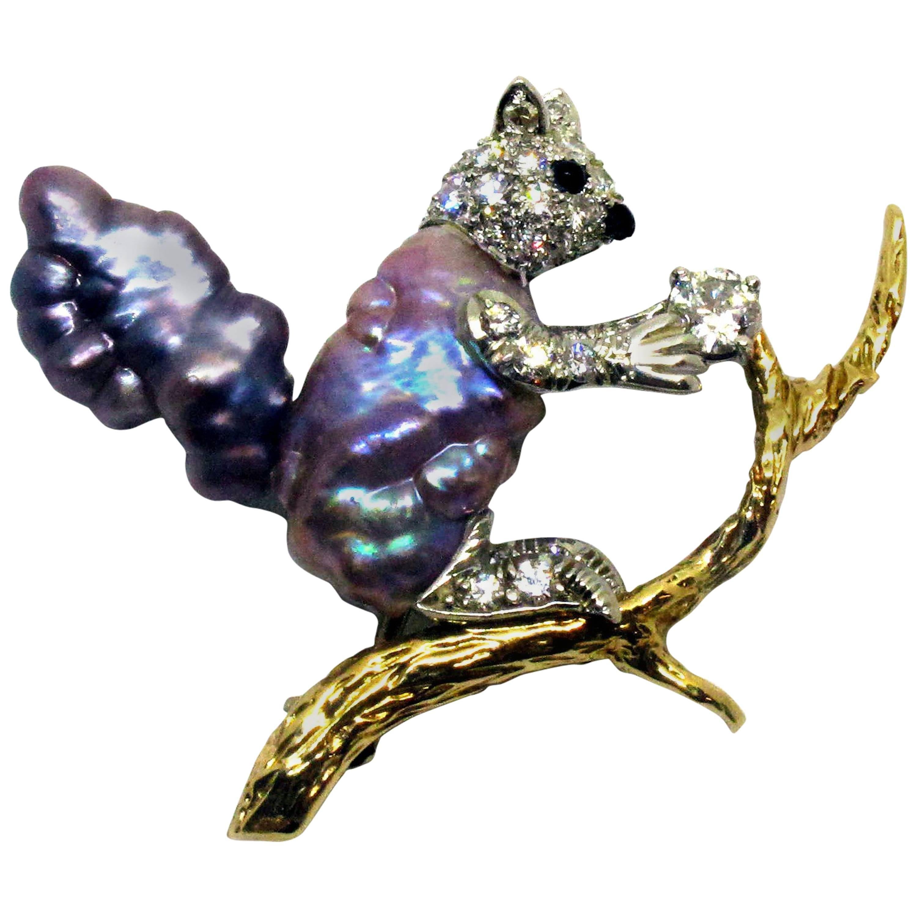 Ruser Pearl Diamond Gold Platinum Squirrel Brooch For Sale