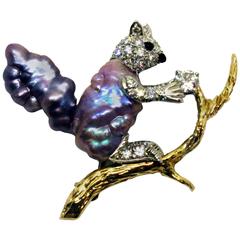 Vintage Ruser Pearl Diamond Gold Platinum Squirrel Brooch