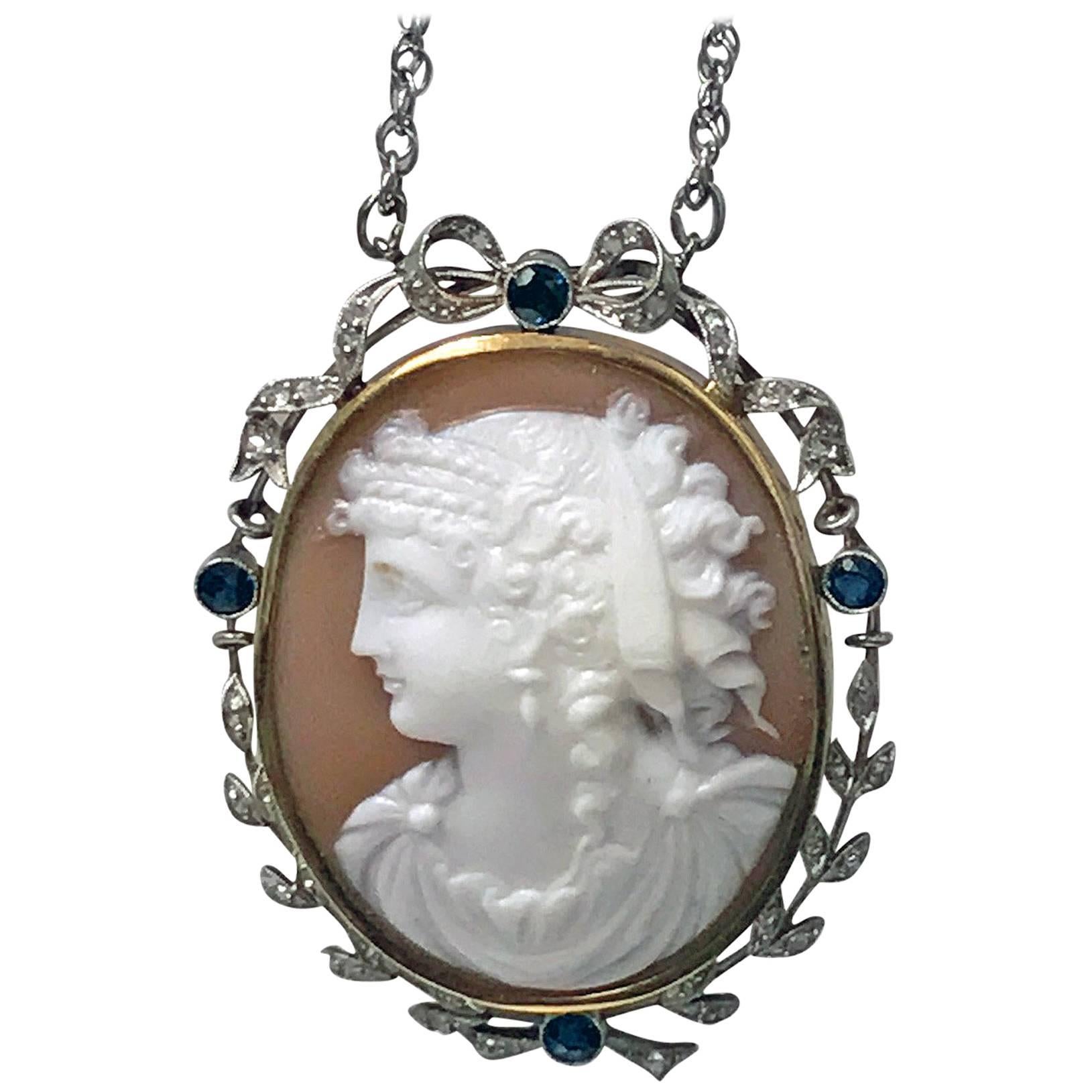 Antique English Cameo Diamond Platinum Pendant, circa 1920