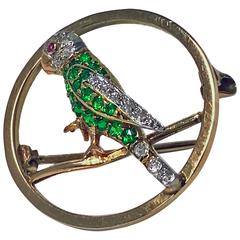 Demantoid, Diamond and Ruby Parrot Pin, C.1920 9