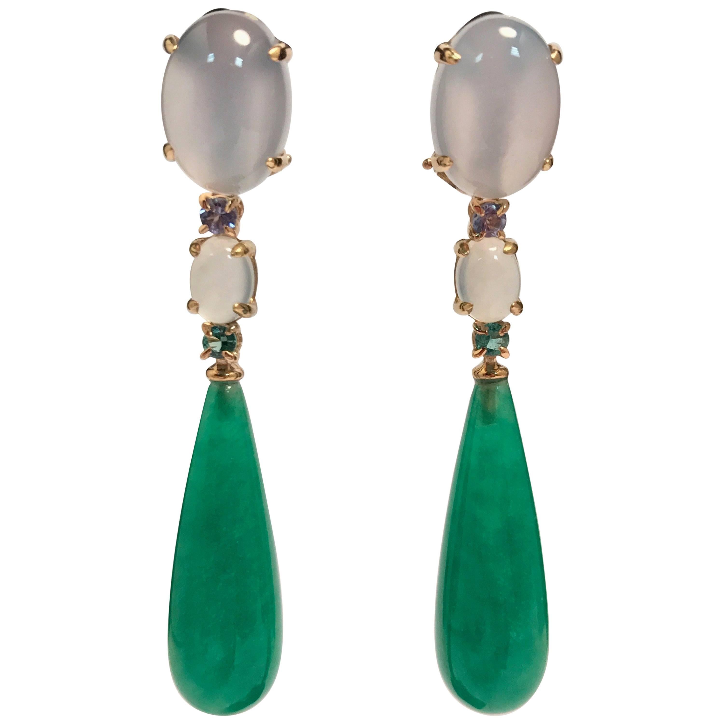 Yellow Gold, Jade, Tanzanite, Chalcedony and Emerald Chandelier Earrings